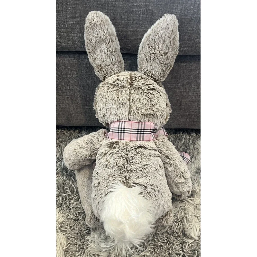 Pottery Barn Kids Gray Plush  Bunny Rabbit Stuffed Animal Pink Plaid Bow Easter